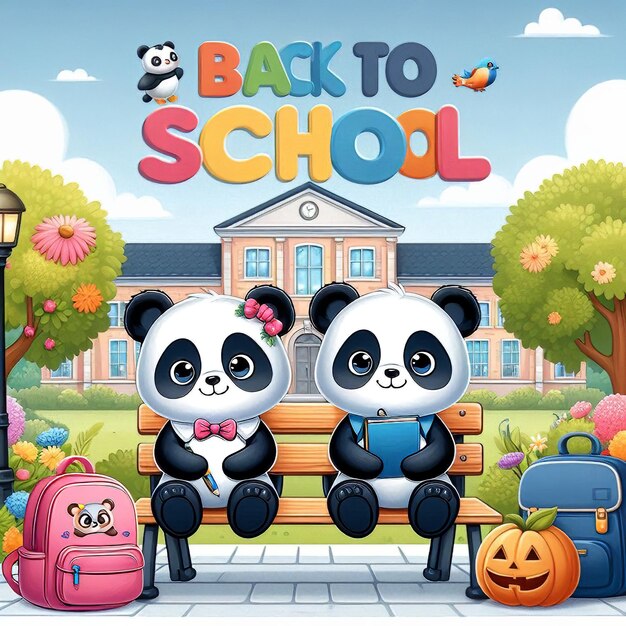 a poster for a school with pandas and a building with a sign that says back to school