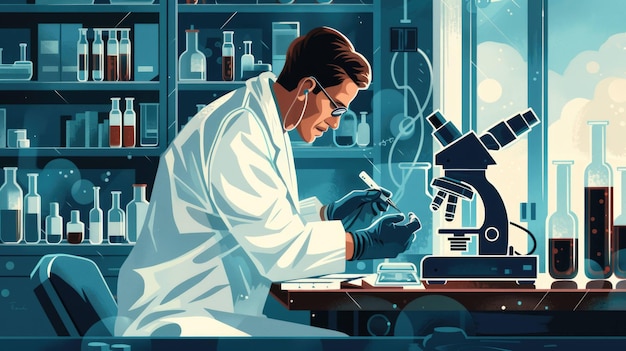 a poster of a scientist looking at a microscope