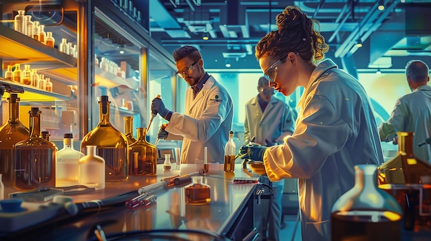 Photo a poster of scientists working in a lab with other people in the background