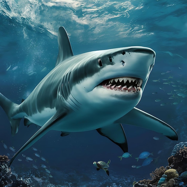 a poster of shark with shark teeth and shark shark in the background