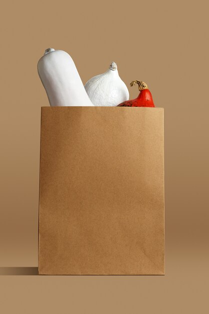 Poster showing a paper bag with white and orange pumpkins inside on a beige background