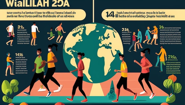 a poster showing people running and a world map