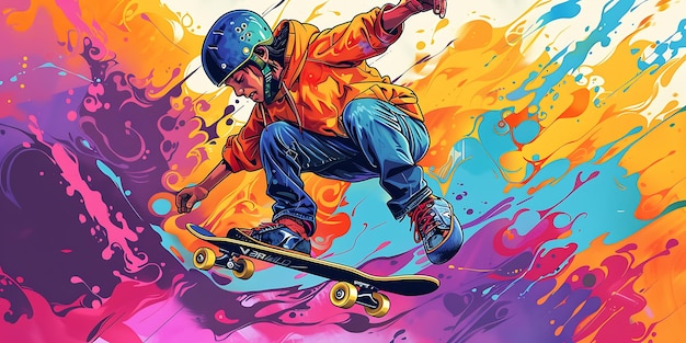 a poster of a skateboarder in a colorful image with the word the on it