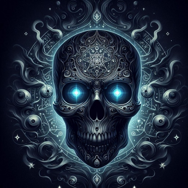 Photo a poster for a skull and a skull with a pattern of stars and swirls