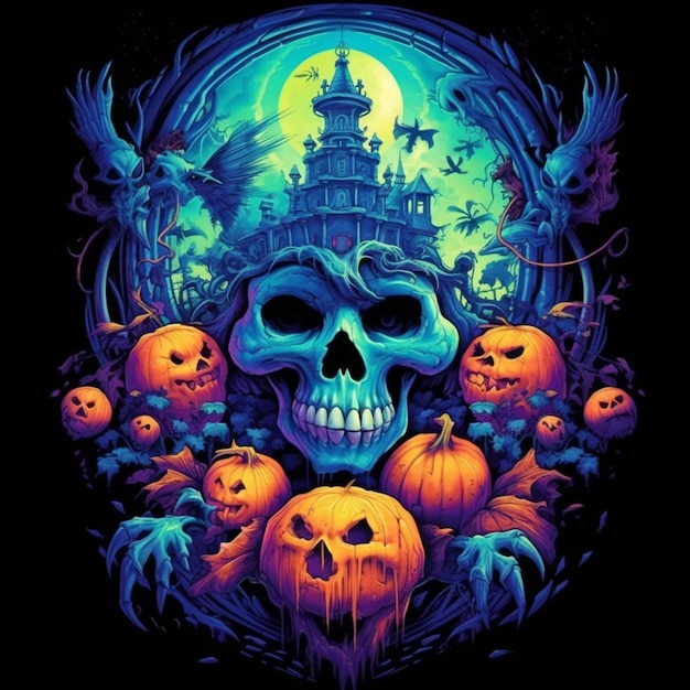 A poster of a skull surrounded by pumpkins and bats generative ai