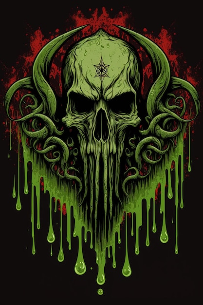 A poster of a skull with a green skull and the words " death " on the front.