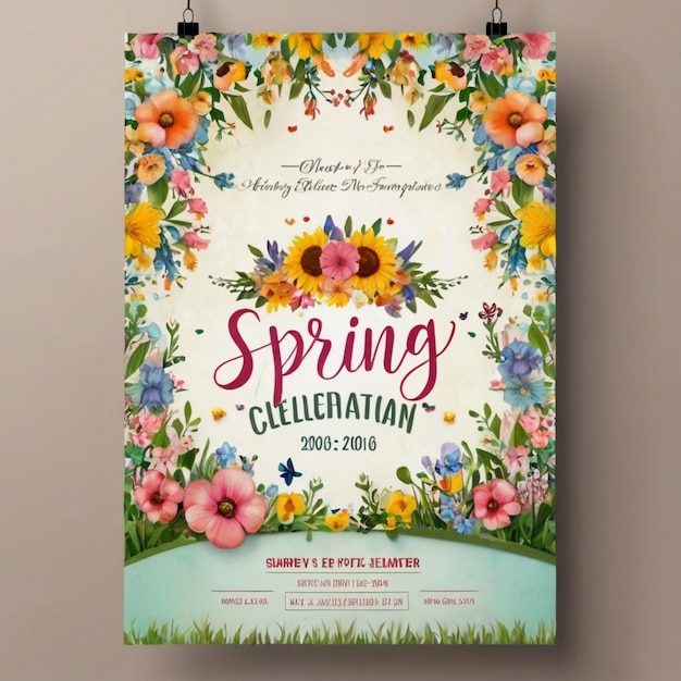 Photo a poster for spring celebration with flowers and a picture of a spring themed party