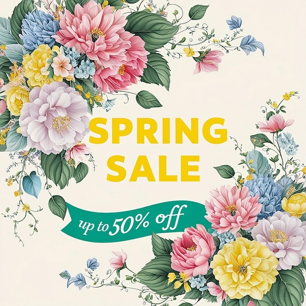 a poster for spring sale with a floral banner that says spring sale