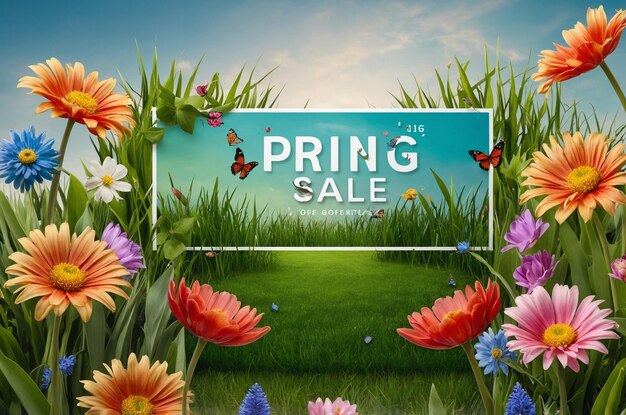 a poster for spring sale with flowers and a blue background with a butterfly in the middle