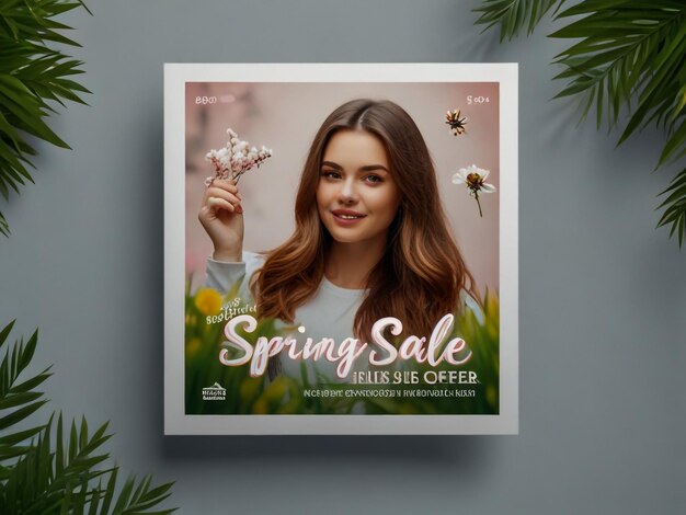 Photo a poster for spring sale with a girl holding a flower