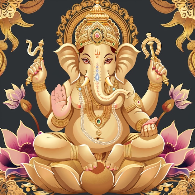 a poster of a statue of an elephant with flowers and an elephant