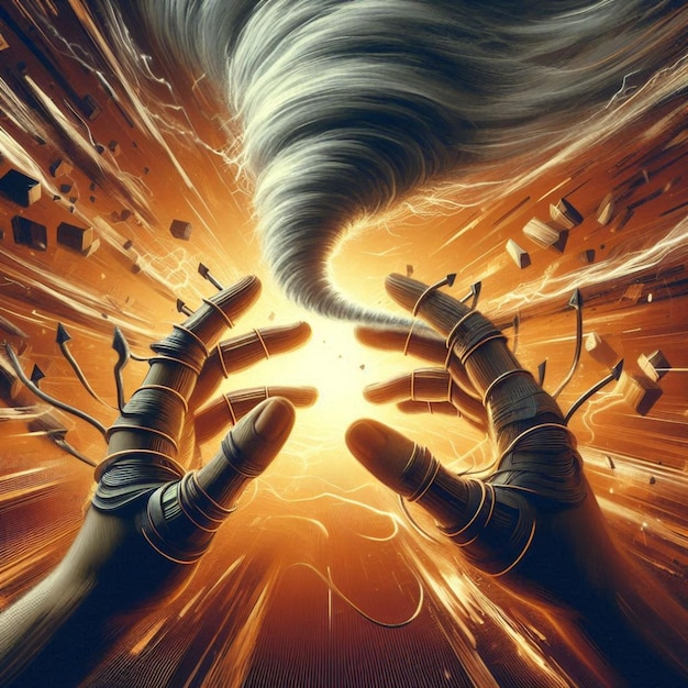 Photo a poster for a storm with hands reaching towards a cloud of lightning