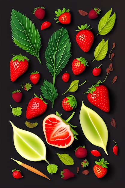 A poster of strawberries and a leaf with the word love on it.