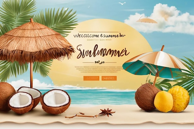 a poster for the summer beach with coconuts and coconuts