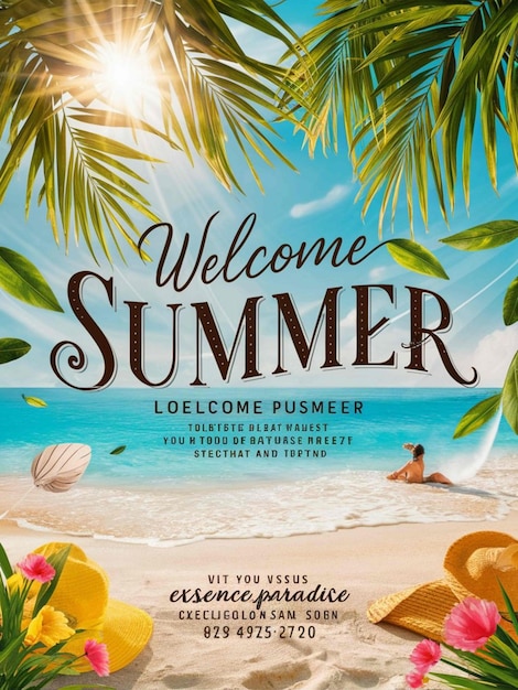 a poster for the summer beach with a palm tree on the beach