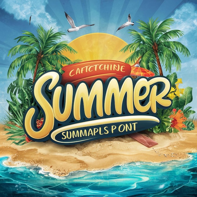 a poster for summer by the sea with palm trees and a beach scene