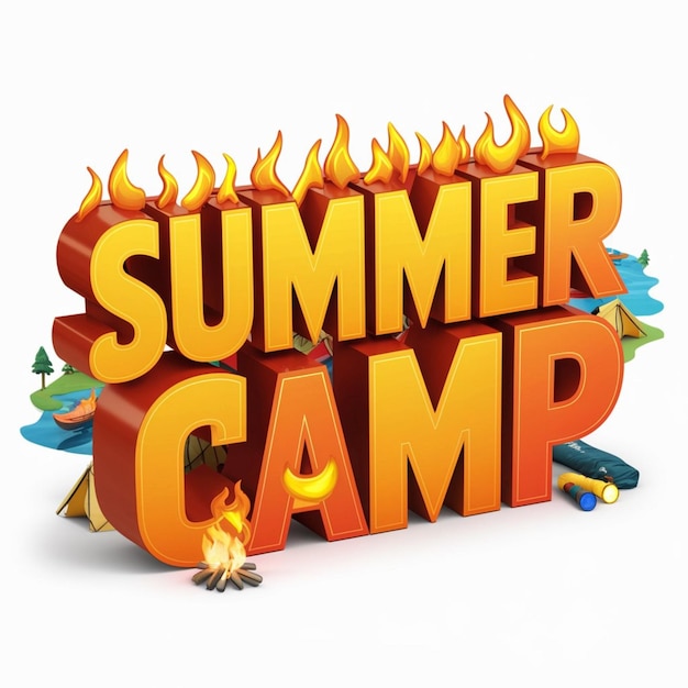 a poster for summer camp with flames in the background