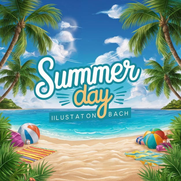 a poster for summer day with palm trees and a beach scene