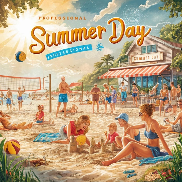 a poster for summer day with people playing in the sand