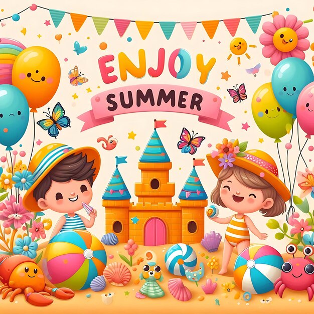 a poster for summer fun with kids and balloons