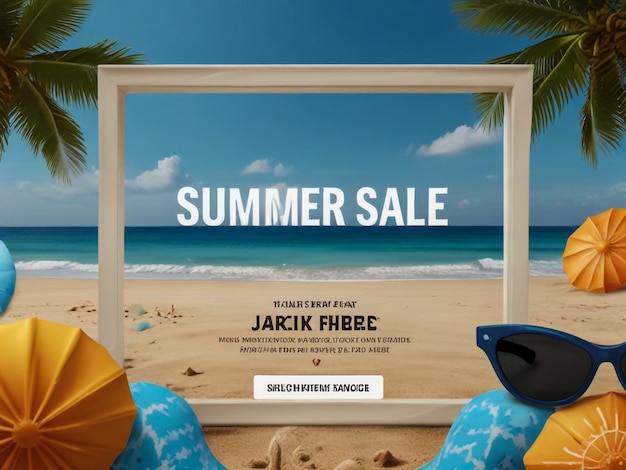 a poster for summer sale showing a beach scene with palm trees and a beach scene