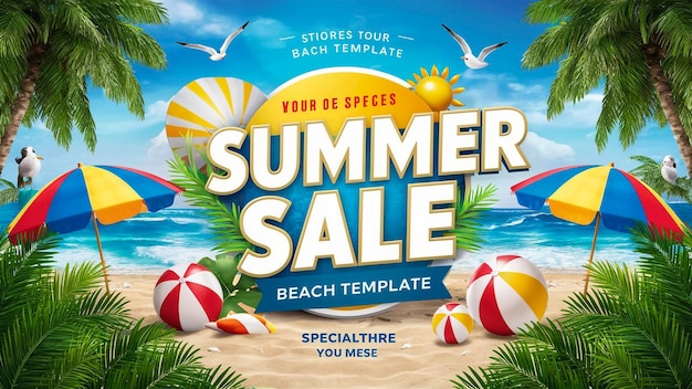 a poster for summer sale with a beach scene and seagulls on the beach