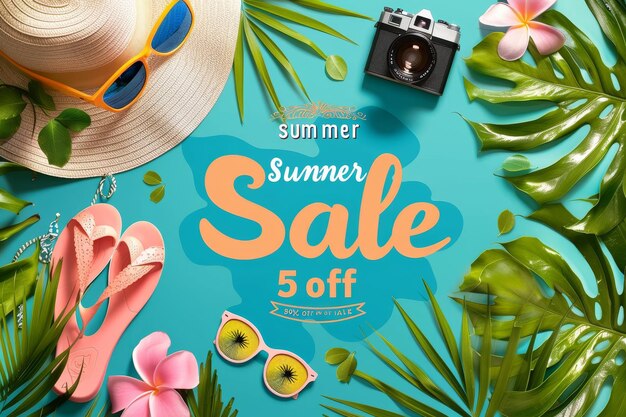 Photo a poster for a summer sale with a palm tree and a camera