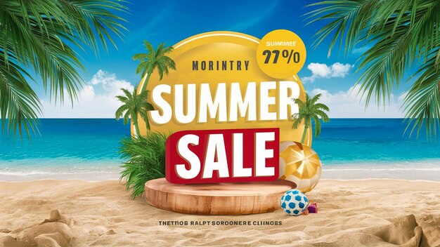 a poster for summer sale with palm trees and a beach ball