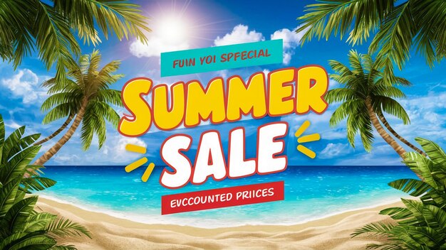 a poster for summer sale with palm trees on the beach