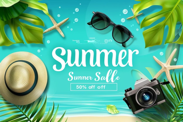 Photo a poster for summer sale with sunglasses and a photo of a beach