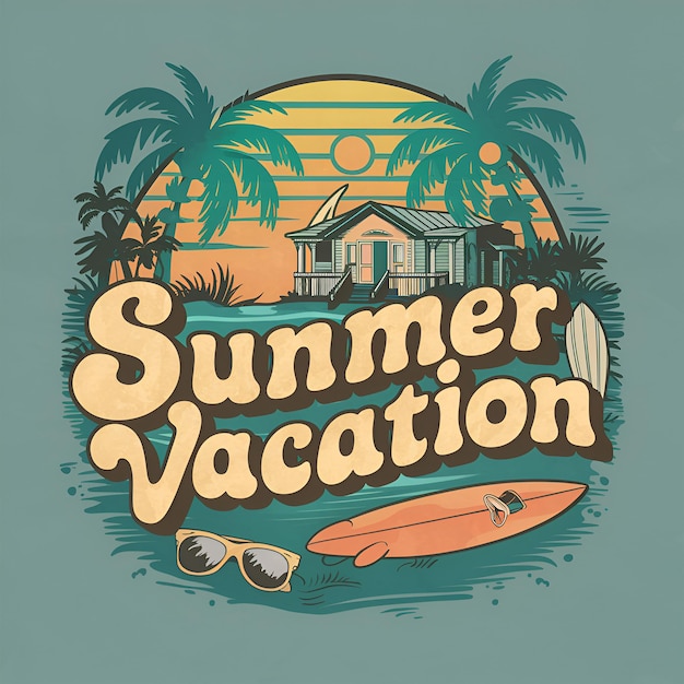 a poster for summer vacation with palm trees and a surfboard