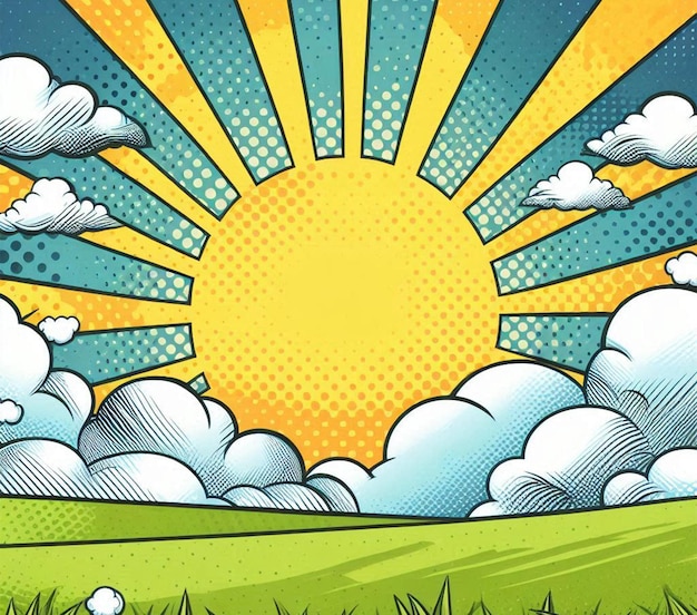 a poster for the sun and clouds with a sun in the middle