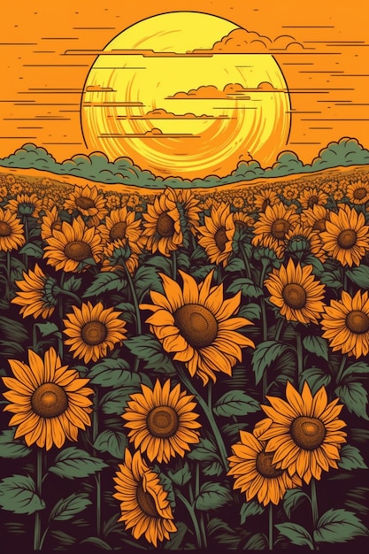 A poster of sunflowers in a field with the sun in the background.