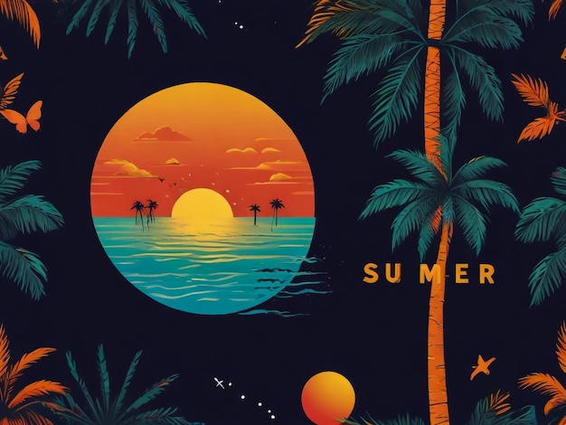 a poster for a sunset with palm trees and the word sun