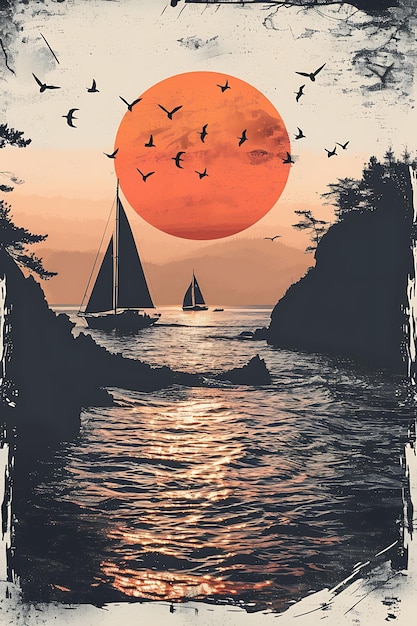 a poster for a sunset with a sailboat and birds flying in the sky