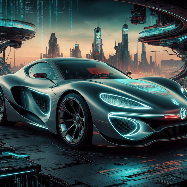 a poster for a supercar with a city in the background