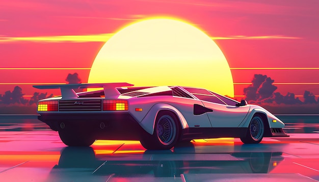 a poster for a supercar with a sun in the background