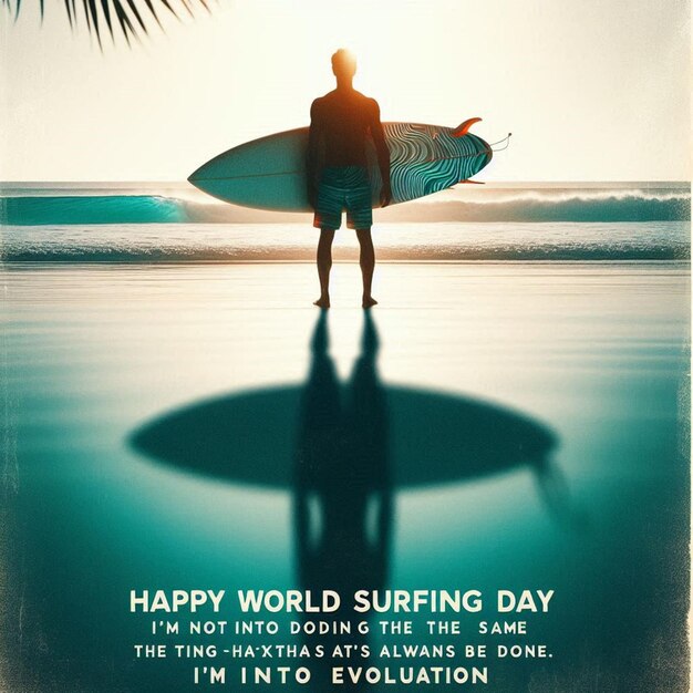 Photo poster for a surfer with a surfboard that says quot happy surf quot