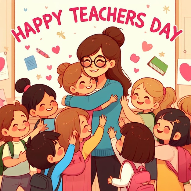 a poster of a teacher and children with the text happy day