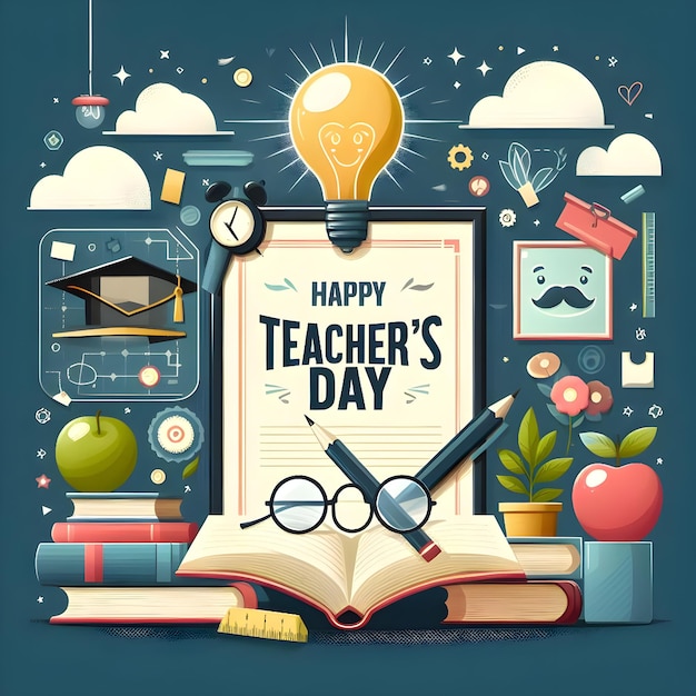 a poster for a teacher day with a book about teachers day