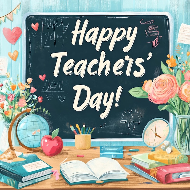 a poster for a teacher day with flowers and a chalkboard