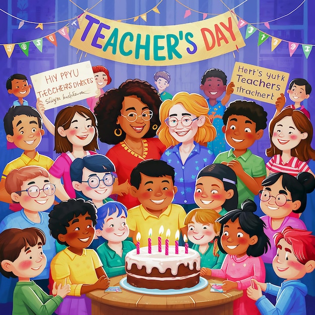 a poster of a teachers day day celebration with a birthday cake and a banner for teachers day