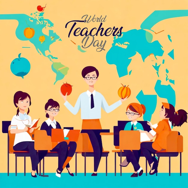 a poster for a teachers day day with kids and a map of the world