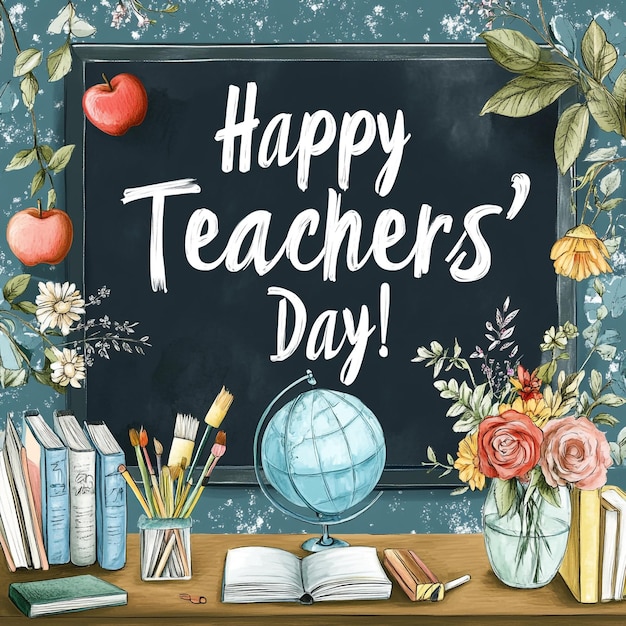 Photo a poster for teachers day with books and flowers on a table