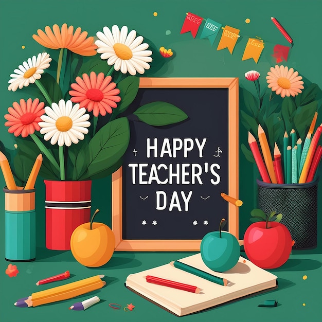 Photo a poster for teachers day with a chalkboard and pencils