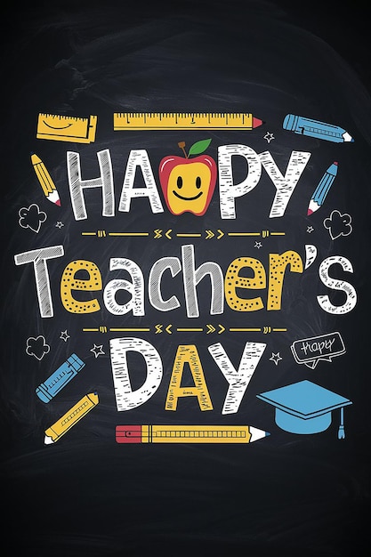 a poster for teachers day with a chalkboard that says happy teachers day