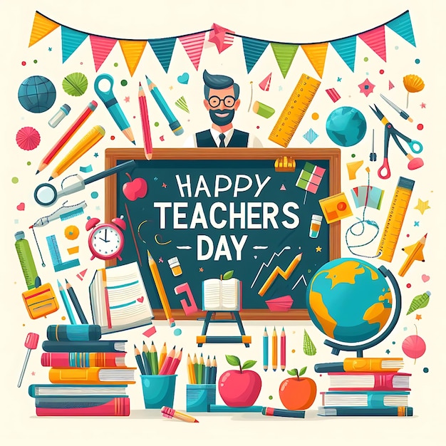 a poster of teachers day written on a board with a cartoon of teachers day written on it