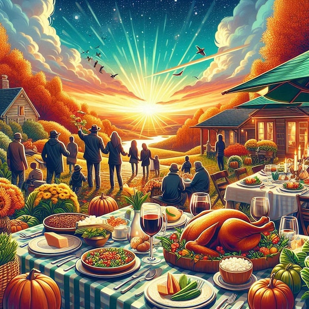 a poster for a thanksgiving dinner with a sun setting behind the people