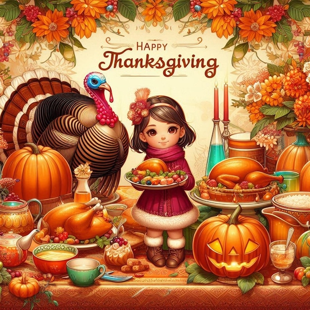 a poster for thanksgiving with a girl and turkey on it