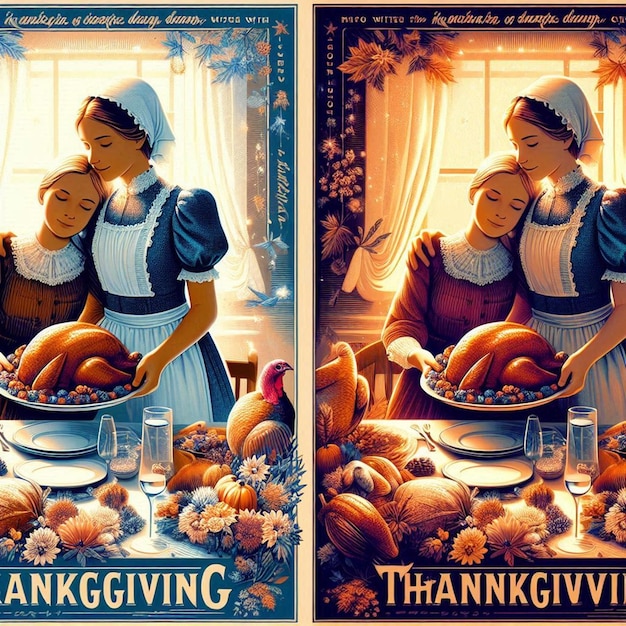 a poster for thanksgiving with a woman and a turkey on the right